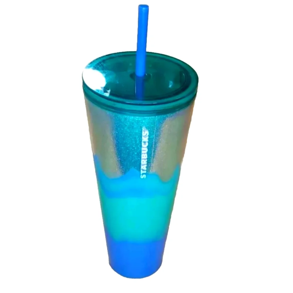 Starbucks Cold Cup Tumbler Straw Lid Silver Glitter Blue Ombre 2022 24 Oz NWT